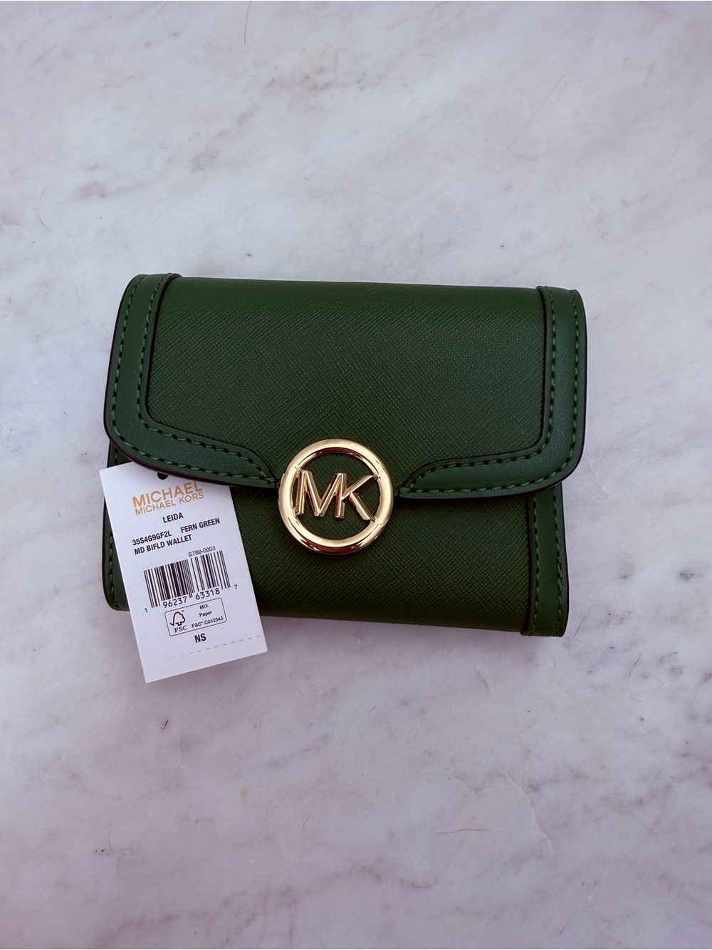 Michael Kors Fern Green Saffiano Leather MK Snap Wallet with Gold Logo